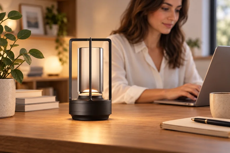 Lampe noire LED sans fil sur un bureau, avec une femme en situation de travail