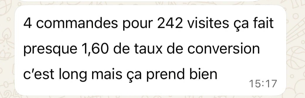 Message WhatsApp original de Jarod sur ses quatre commandes, avec le fond et l’heure de l’échange