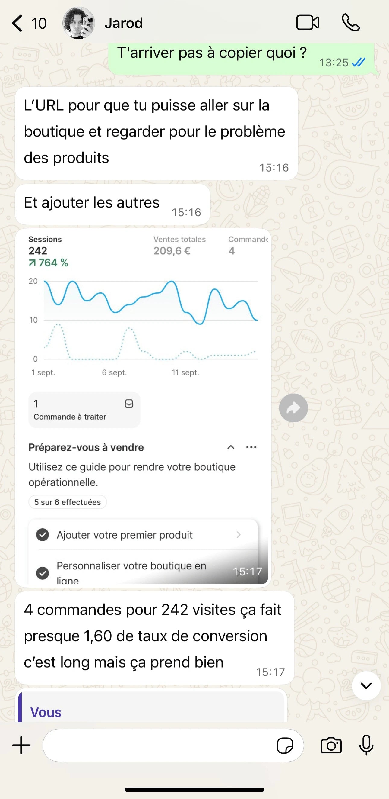 Conversation avec un client : tableau de bord, 242 visites, 4 commandes et taux de conversion commenté