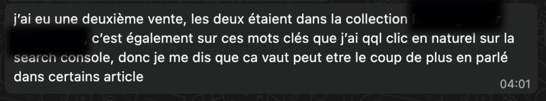 Message client annonçant une deuxième vente et des clics naturels dans Search Console
